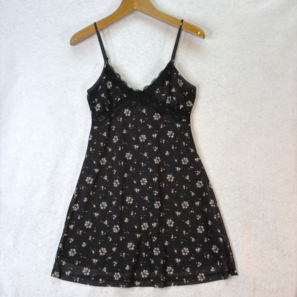 Lace Trim Floral Mesh Mini Dress Black Sz L Coquette Grunge Y2K Style Festival